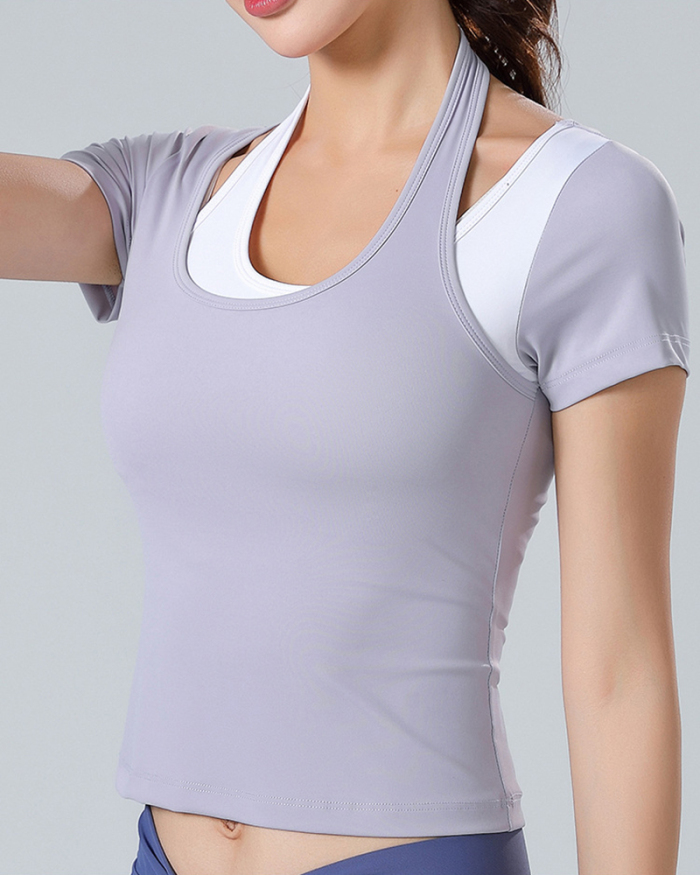 Ladies Fashion Yoga Sports Fitness Tops Running Elastic Quick Dry Tight Short Sleeves Color-blocking Shirts S-XL