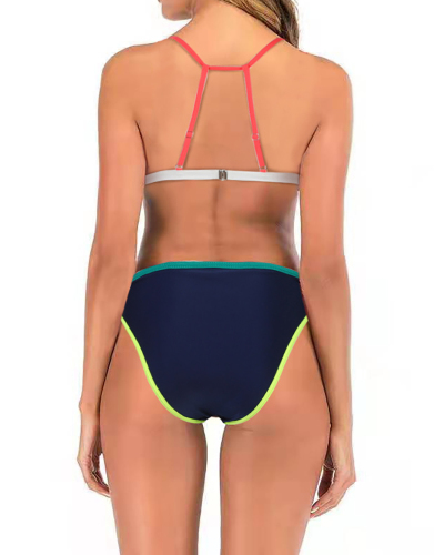 Lady Colorblock Backless High Waist Two Piece Swimwear Blue S-XL 