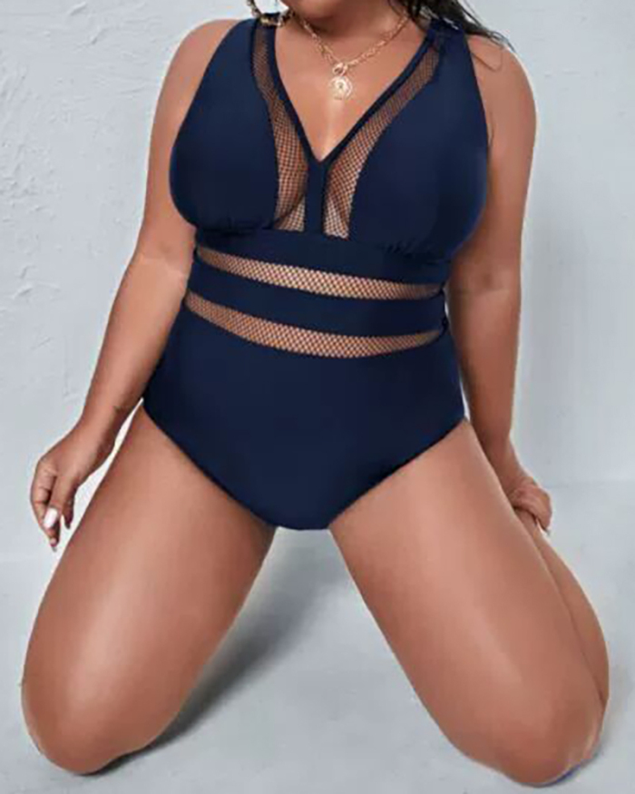 Lady Mesh See Through Solid Color Plus Size One Piece Swimwear XL-4XL