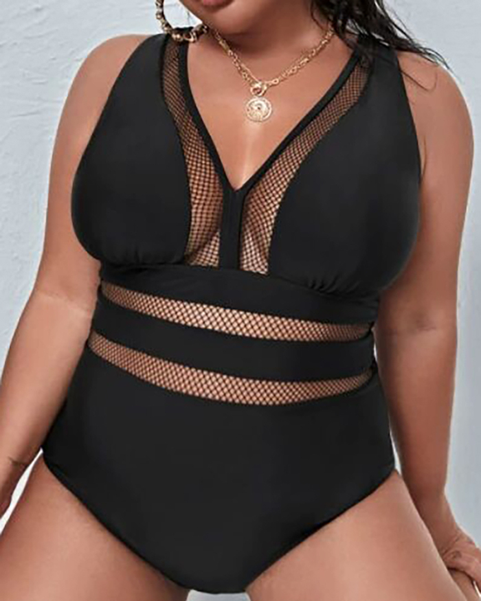 Lady Mesh See Through Solid Color Plus Size One Piece Swimwear XL-4XL
