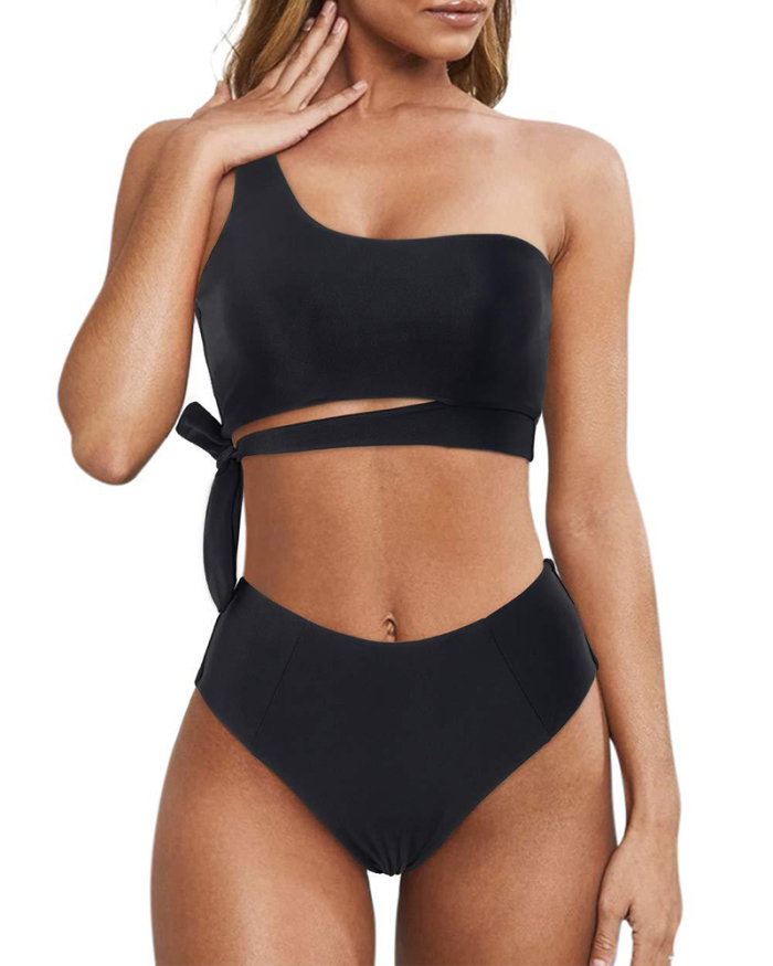 Hot Sale One Shoulder Strappy High Waist Women Sexy Two-piece Swimsuit S-2XL