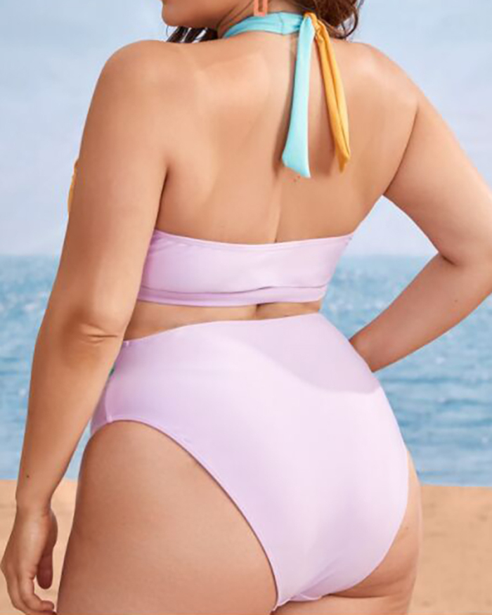 Lady Colorblock Hollow Out High Waist Two Piece Swimwear XL-4XL