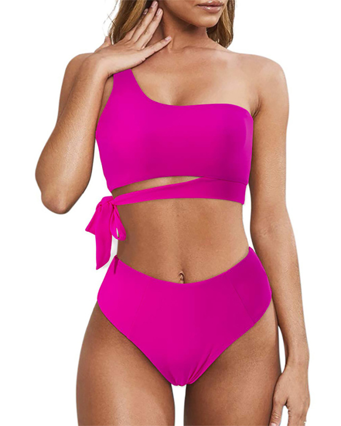 Hot Sale One Shoulder Strappy High Waist Women Sexy Two-piece Swimsuit S-2XL
