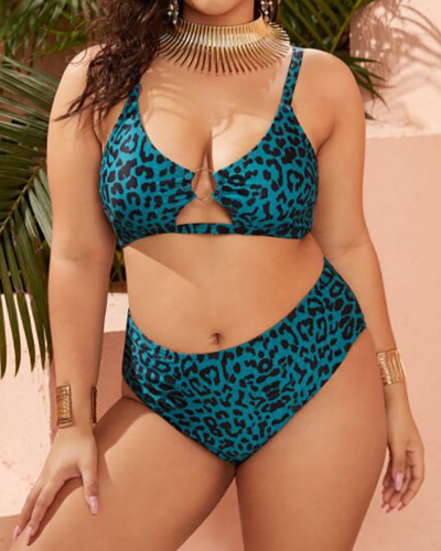 Women Leopard High Waist Hollow Out Plus Size Swimwear XL-4XL