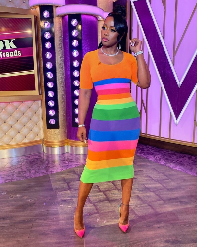 Short Sleeve Rainbow Printed Women Casual Dress S-XXL