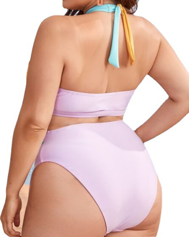 Lady Colorblock Hollow Out High Waist Two Piece Swimwear XL-4XL