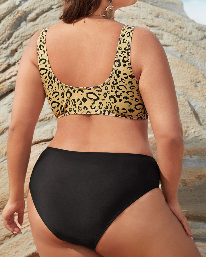 Women Deep V Neck Leopard High Waist Two Piece Plus Size Swimwear XL-4XL