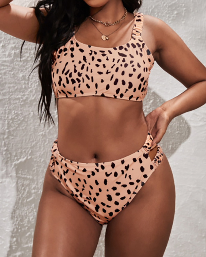 Newest Women Leopard O-neck High Waist Two-piece Plus Size Swimwear XL-4XL