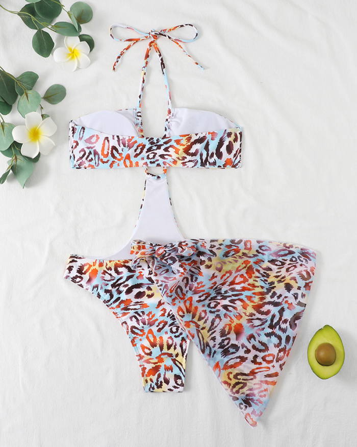 Women Hollow Out Leaf Leopard Printed Halter Neck Two-piece Swimsuit S-XL