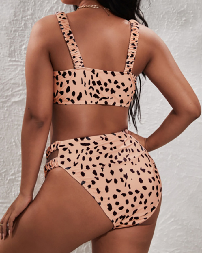 Newest Women Leopard O-neck High Waist Two-piece Plus Size Swimwear XL-4XL
