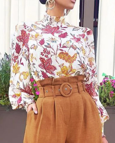 Fashion New Women Elegant High Neck Long Sleev Florals Blouses S-XL