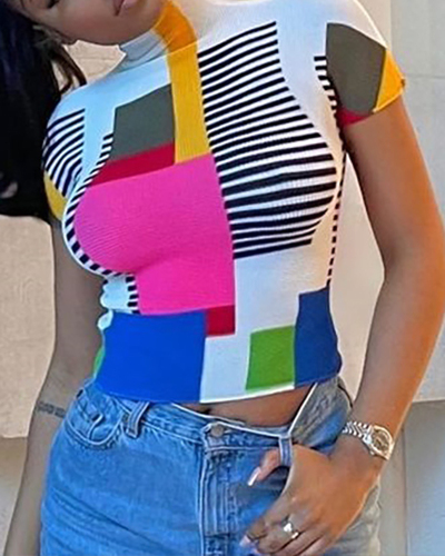 Fashion New Half Turtleneck Women Short Sleeve Geometric Print Slim Fit T-Shirt S-L