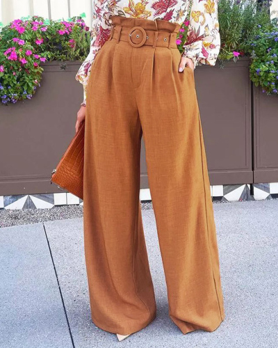 Women Elegant Solid Color Loose High Waist Long Pants Orange S-XL