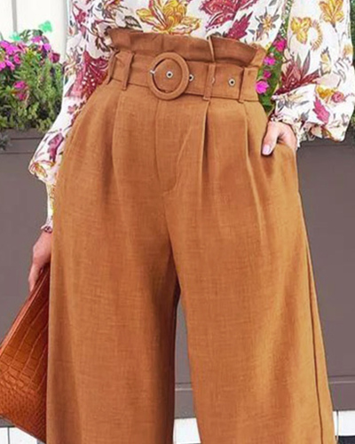 Women Elegant Solid Color Loose High Waist Long Pants Orange S-XL