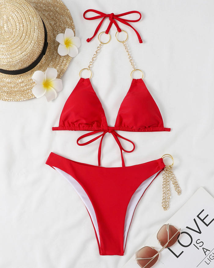 Lady Solid Color High Cut Two Piece Swimwear White Red Black Blue S-XL 