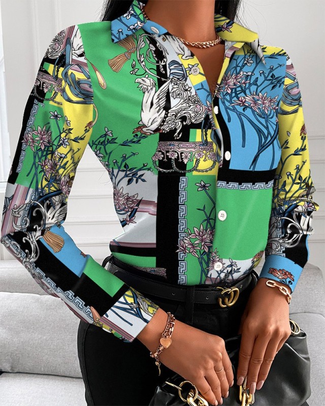 Women Long Sleeve Button Printed Hot Sale Turn-down Collar Blouses & T-shirt Red Green Pink Black Wine Red Chain Leopard S-2XL