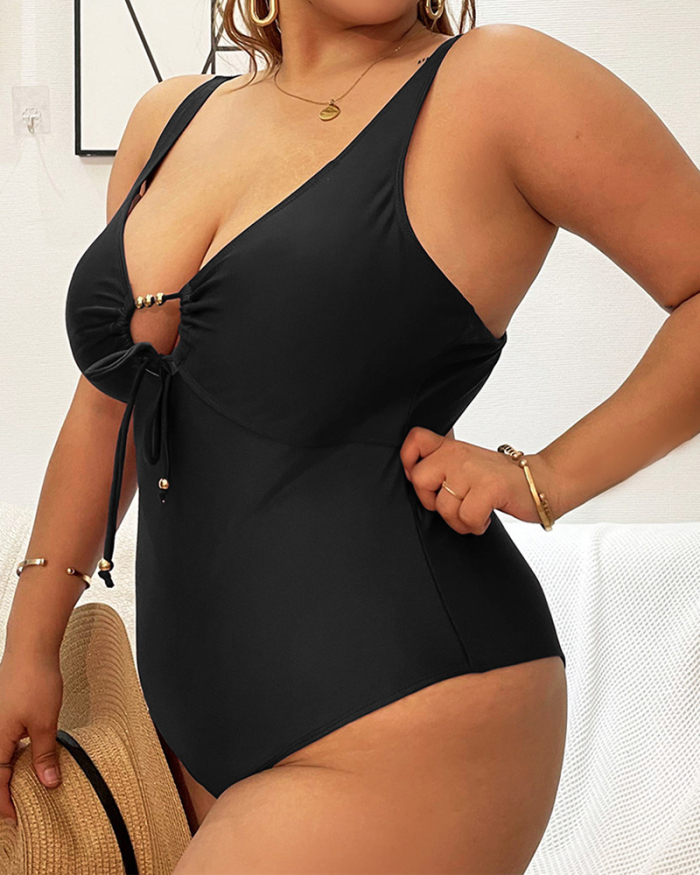Lady Plus Size Solid Color Sexy One Piece Swimwear Red Black XL-4XL