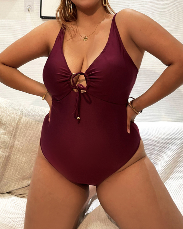 Lady Plus Size Solid Color Sexy One Piece Swimwear Red Black XL-4XL