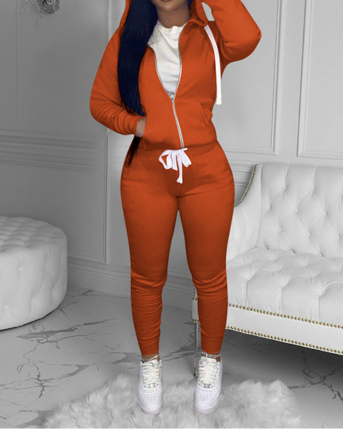 Women Long Sleeve Hoodies Zipper Slim Pants Sets Two Pieces Outfit Pink Yellow Orange Gray Black Rose Red Blue Brown Army Green Wine Red Khaki XS-5XL