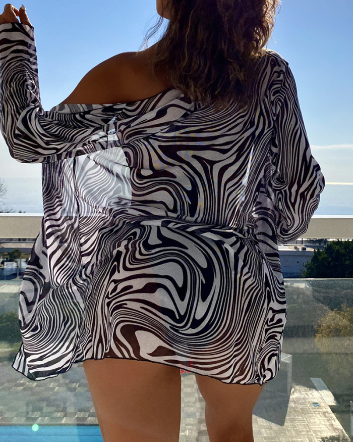 Three Pieces Set Printed Sexy Bikini Include Cover Up Dress S-L