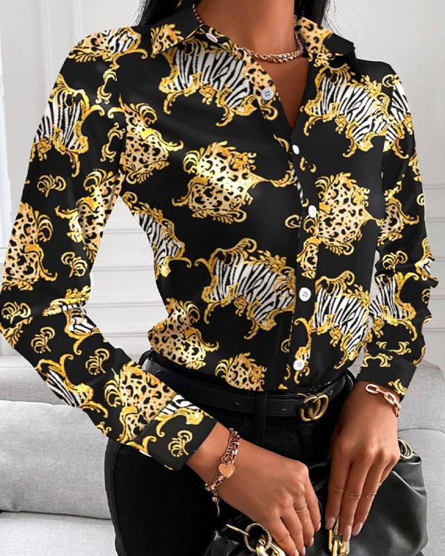 Women Long Sleeve Button Printed Hot Sale Turn-down Collar Blouses & T-shirt Red Green Pink Black Wine Red Chain Leopard S-2XL