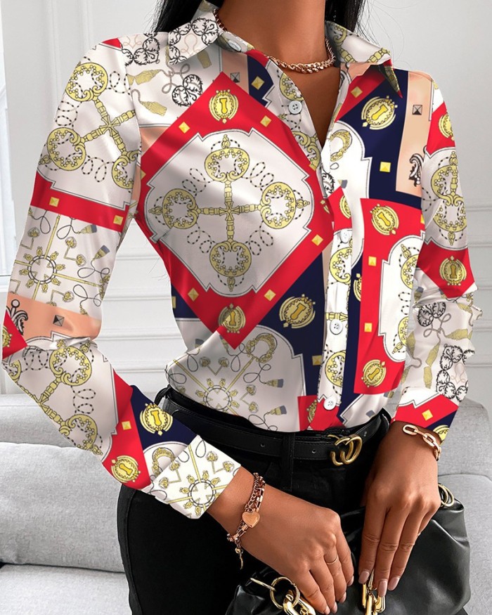 Women Long Sleeve Button Printed Hot Sale Turn-down Collar Blouses & T-shirt Red Green Pink Black Wine Red Chain Leopard S-2XL