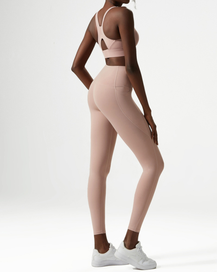 Ladies Fashion Sports Underwear Set Yoga Wear Fitness Wear Set Nude Pockets Sportswear Set S-XL