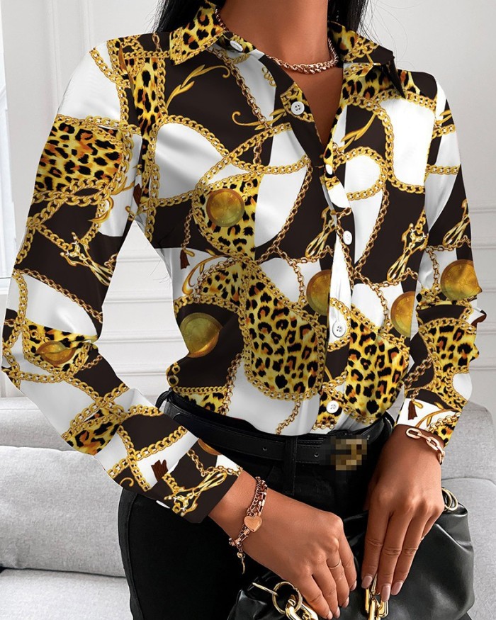 Women Long Sleeve Button Printed Hot Sale Turn-down Collar Blouses & T-shirt Red Green Pink Black Wine Red Chain Leopard S-2XL