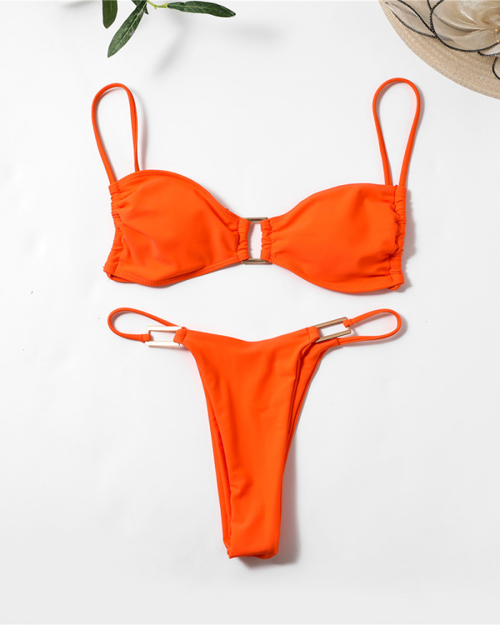 Women Strappy Solid Color High Waist Two-piece Swimsuit Orange S-L