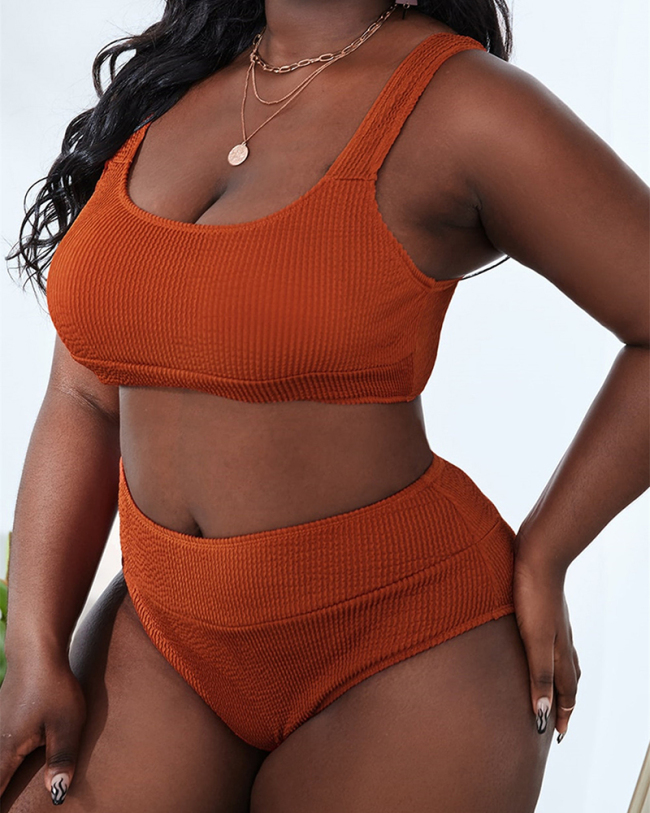 Lady High Waist Solid Color Two Piece Swimwear Orange XL-4XL