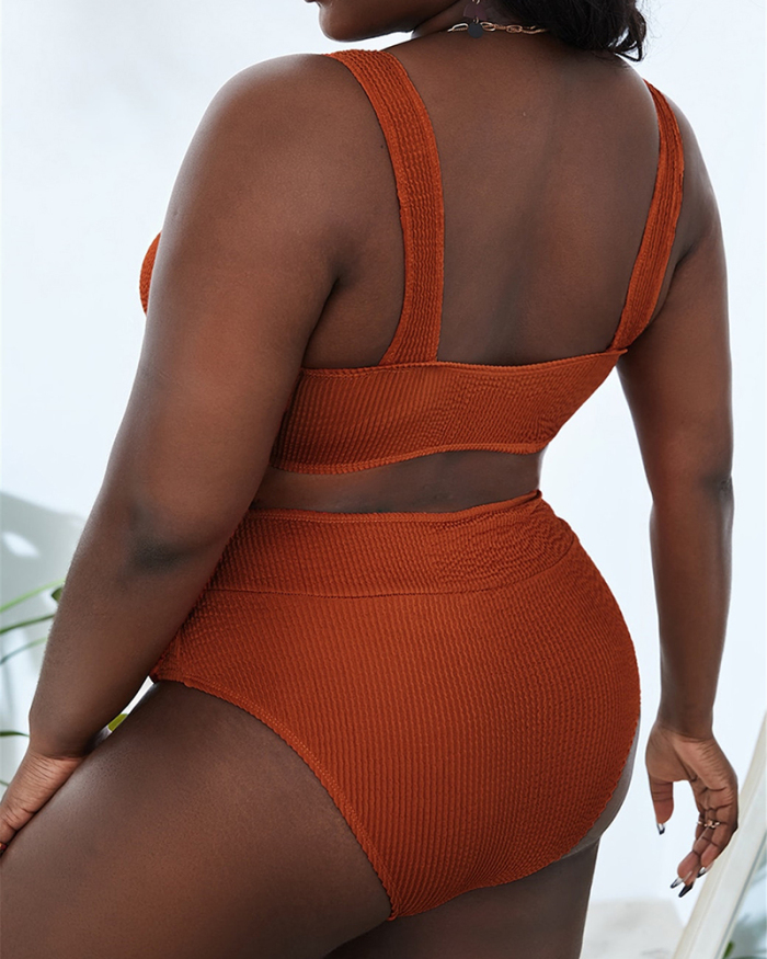 Lady High Waist Solid Color Two Piece Swimwear Orange XL-4XL