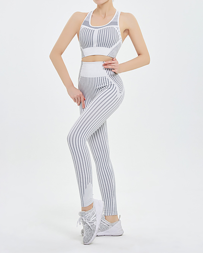 In Stock Hot Sale Seamless Striped Sexy Bra Long Slim High Waist Pants Yoga Two-piece Sets White Black Orange Rose Red Green S-L