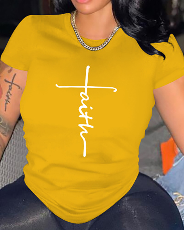 Women Letter Printing Short Sleeve O-Neck Tops Black Red Yellow Blue Orange S-4XL 