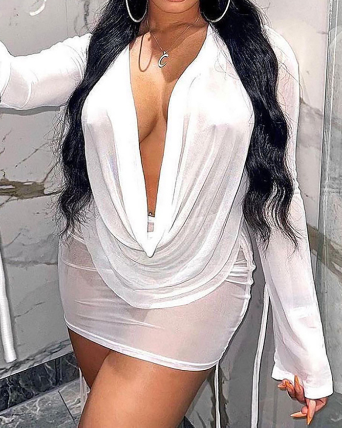 Women's Long-Sleeved Mesh Fashion Sexy New Skirt Suit Two-Piece Solid Color S-XXL
