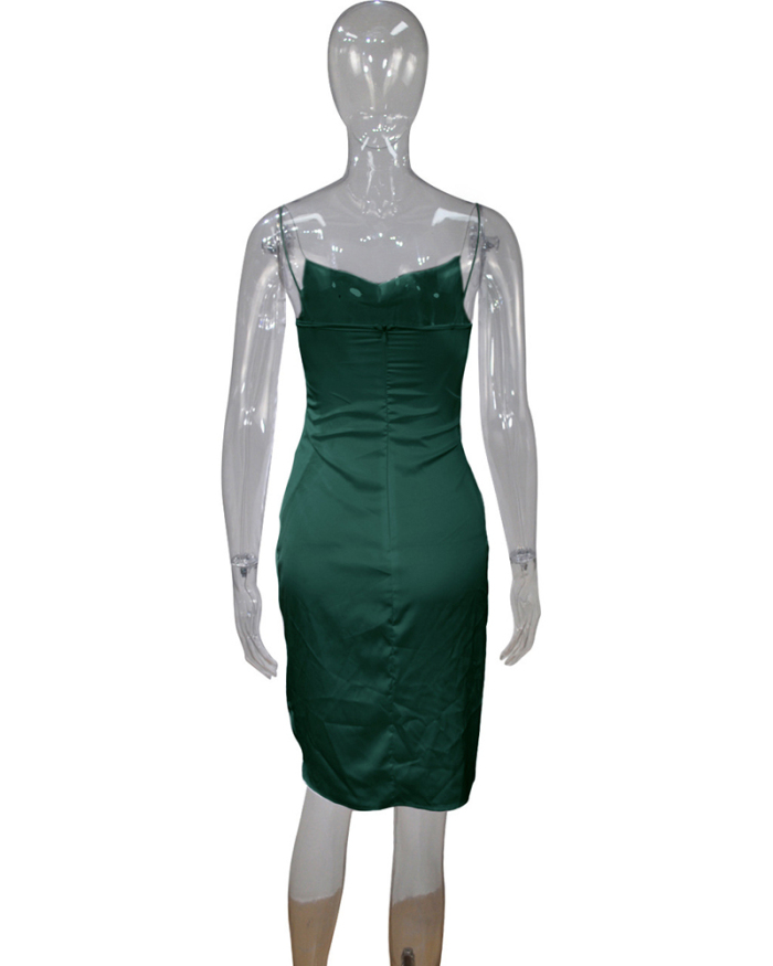 Elegant Solid Color Backless Sexy Satin Slit Mini Dresses Plus Size Dresses Green S-5XL