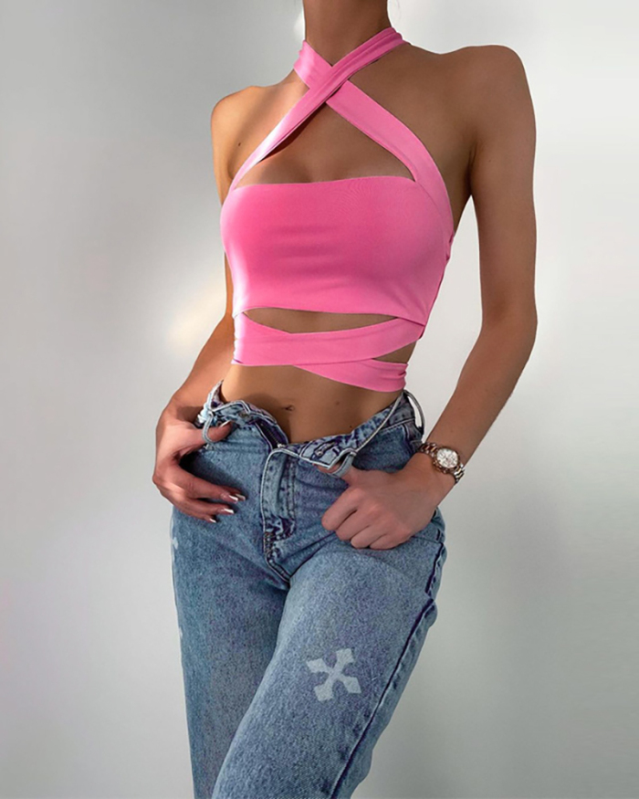Girls Solid Color Cross Strappy Vest Tops Pink S-L 