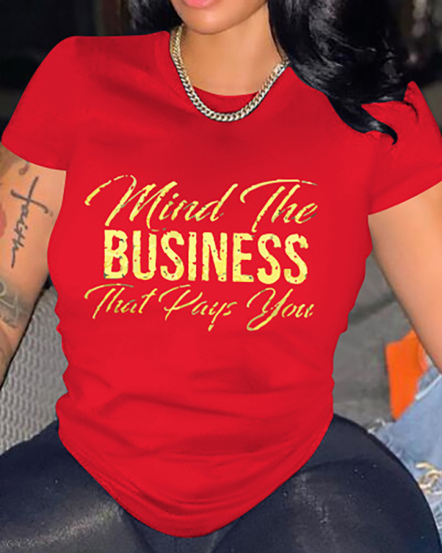 Women Letter Printing Short Sleeve Tops Black Red Gray Green S-4XL