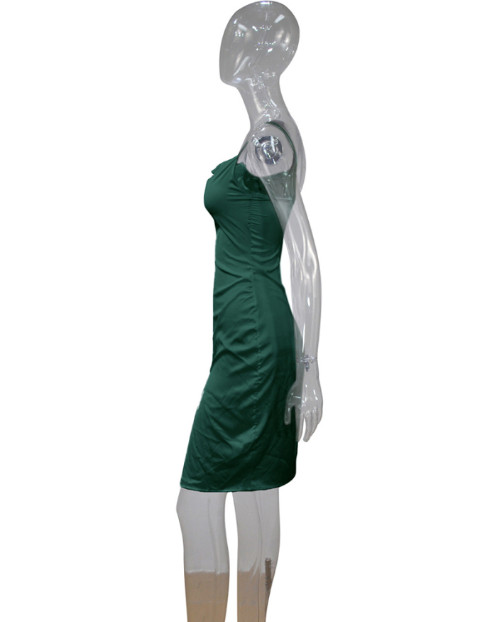 Elegant Solid Color Backless Sexy Satin Slit Mini Dresses Plus Size Dresses Green S-5XL