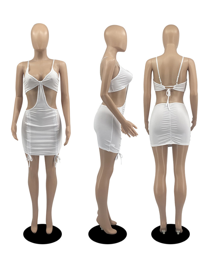 Women Hollow Out Hot Sale V-neck Drawstring Backless Mini Dresses White Orange Black S-2XL