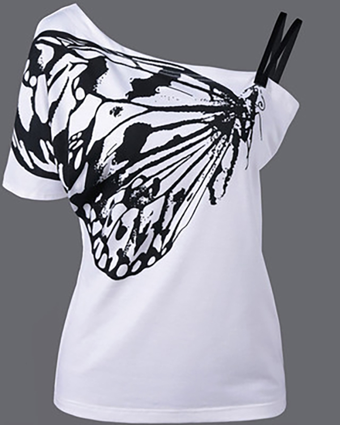 Fashion Women Summer New Butterfly Printed Irregular One-sleeved T-shirt Black Gray Red Pink White Lake Blue USA Flag S-5XL