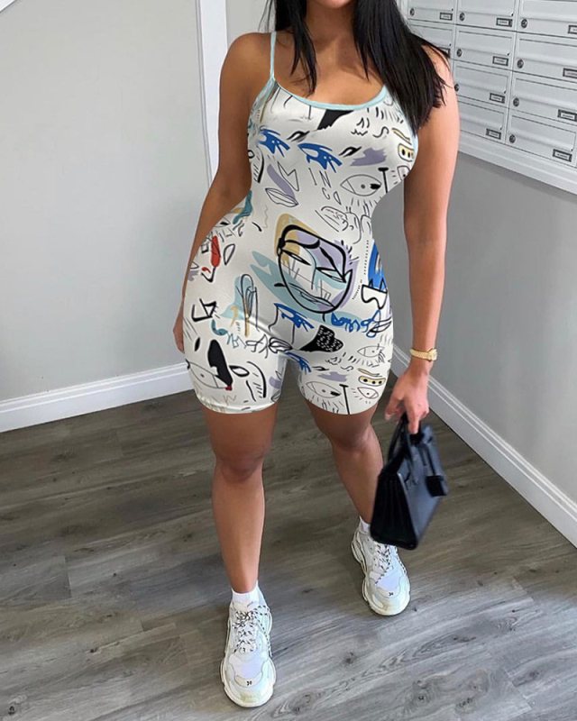 Women Sleeveless V-neck Stylish Pattern Print Backless Rompers Black White S-2XL