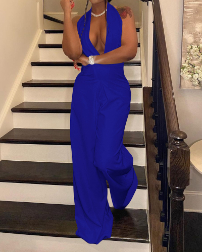 Women Solid Color Sleeveless Backless Halter Neck Deep V Neck Elegant Sexy Casual Jumpsuits White Black Deep Blue Navy Blue S-2XL