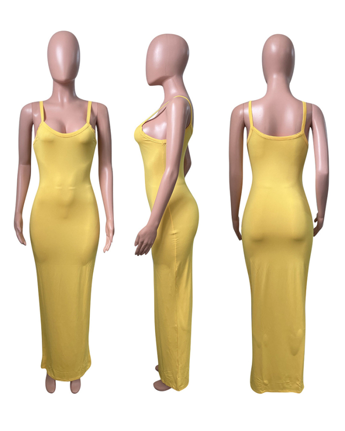 Summer Hot Sale Women Solid Color Sleeveless Slim Long Maxi Dresses Casual Dresses Pink Yellow Light Green Red S-2XL