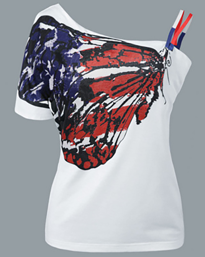 Fashion Women Summer New Butterfly Printed Irregular One-sleeved T-shirt Black Gray Red Pink White Lake Blue USA Flag S-5XL