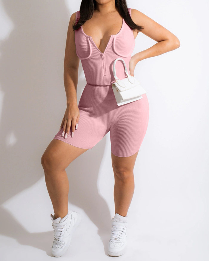 Lady Solid Color Zipper Sleeveless Jumpsuit White Black Pink S-XL 