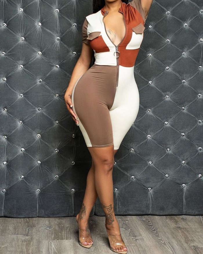 Women Fashion Colorblock Sexy Tight Fashion Rompers Brown Red Blue Orange S-XL