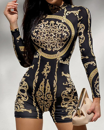 Women Mock Neck Long Sleeve Fashion Printed Slim Romper Black Gold S-L