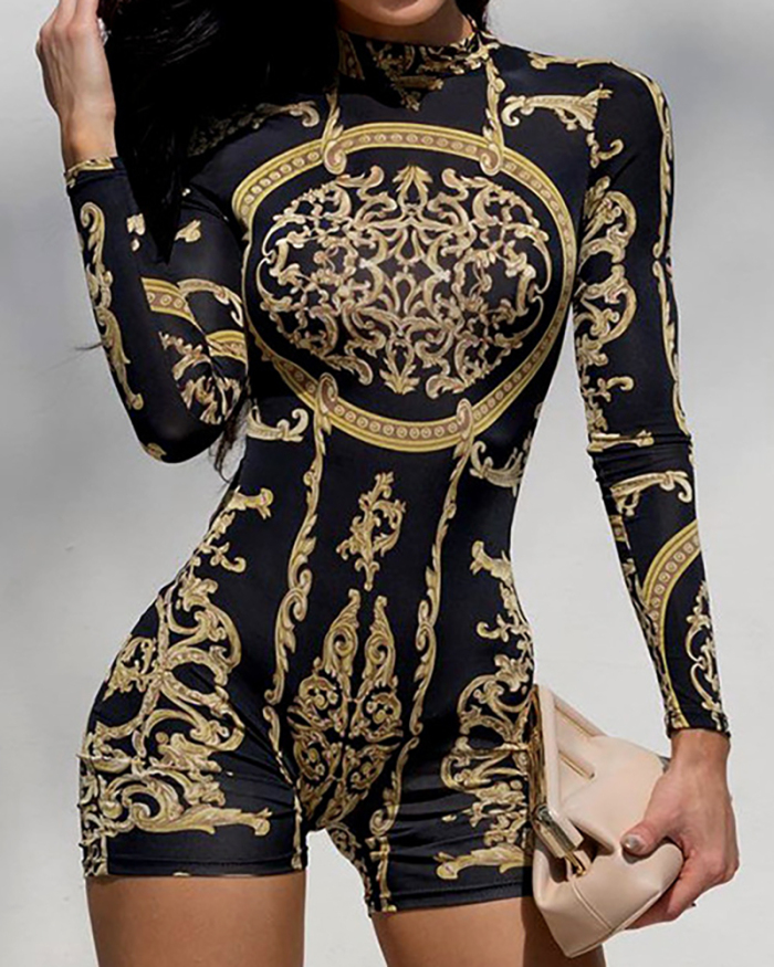 Women Mock Neck Long Sleeve Fashion Printed Slim Romper Black Gold S-L