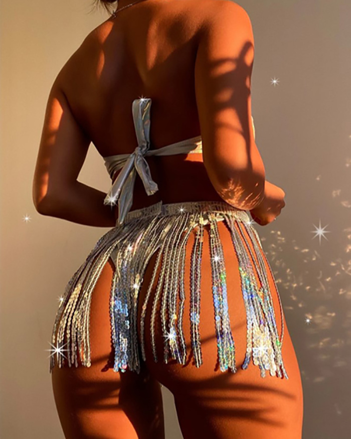 3pack Holographic Bandeau Bikini Swimsuit & Sequin Fringe Beach Skirt