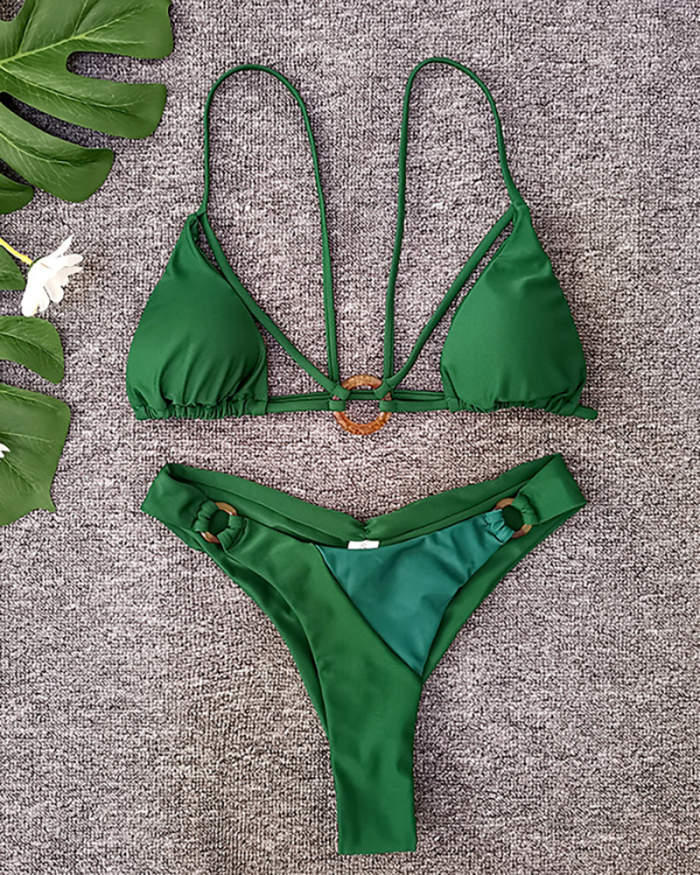 Women Sexy Strap Bikini Colorblock Ring Two-piece Swimsuit Green S-L